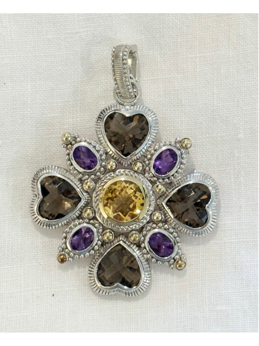 Judith Ripka Sterling Silver 925 Smoky Quartz Citrine Amethyst Pin Pendant
